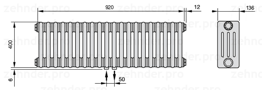 Схема (чертеж) Радиатор Zehnder Charleston 4040/20 №3470 Белый глянцевый RAL 9016